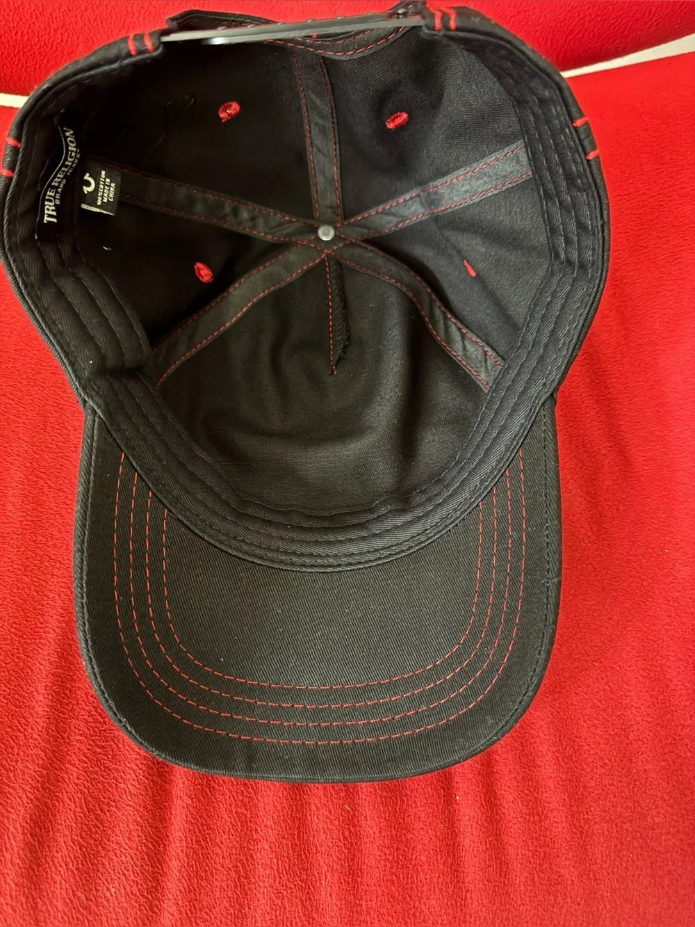 True Religion Script Logo Snapback Hat Black Red Stitching NWOT